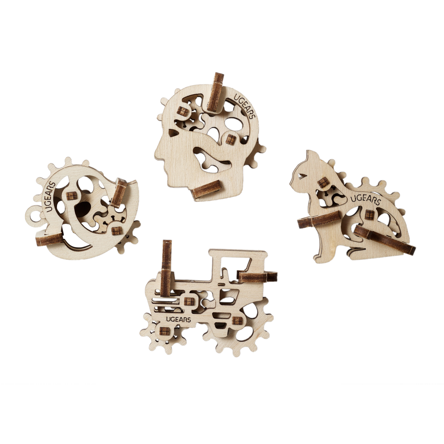 ugears-u-fidgets-tribiks-set-4-mini-maquettes-bois-tracteur-chat-t-te-c-ur image 1
